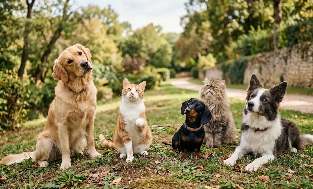 Chiens et chats curieux illustrant la foire aux questions sur l'adoption responsable et éthique de Sacha Adoption.